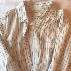 White button down with thin blue stripes